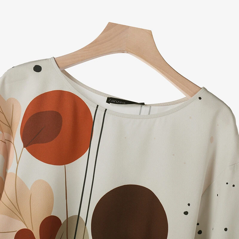 (image for) ZANZEA Womens Two-Piece Set Lady Elegant Sets Crew Neck Lantern Sleeve Graphic Print Tops Wide Leg Trousers Suits